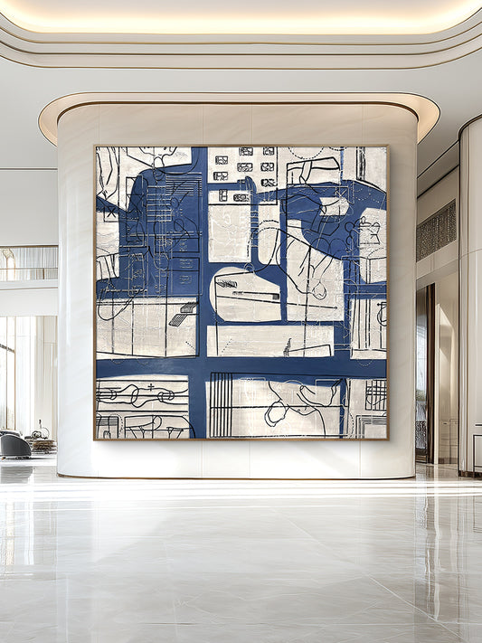 Abstract Line Art Wall Decor with Blue and Neutral Tones