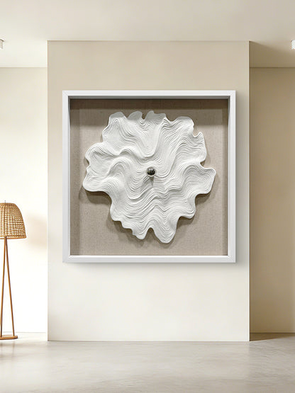 White Textured Wood Carving with Silver Sphere Wall Art