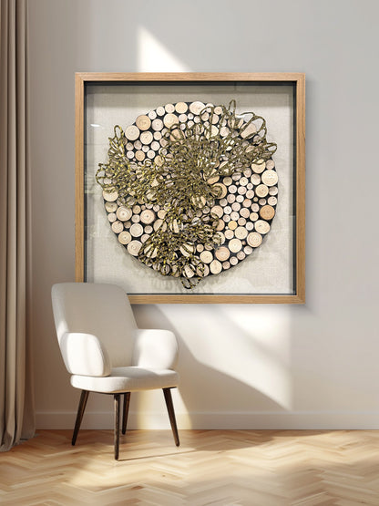 Natural Wood Round & Metal Wall Sculpture - 3D Mixed Media Art