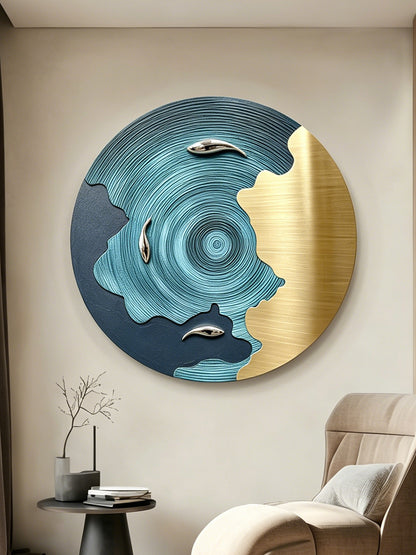 Blue Gold Koi Round Wall Art